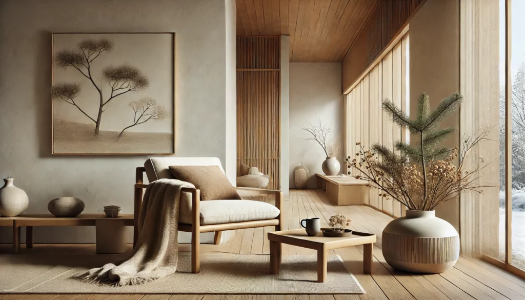 DALL·E 2024 11 17 18.50.18 A Japandi style minimalist interior with a high end aesthetic designed for winter preparation. The scene features a cozy sleek armchair with a soft 1024x585 1